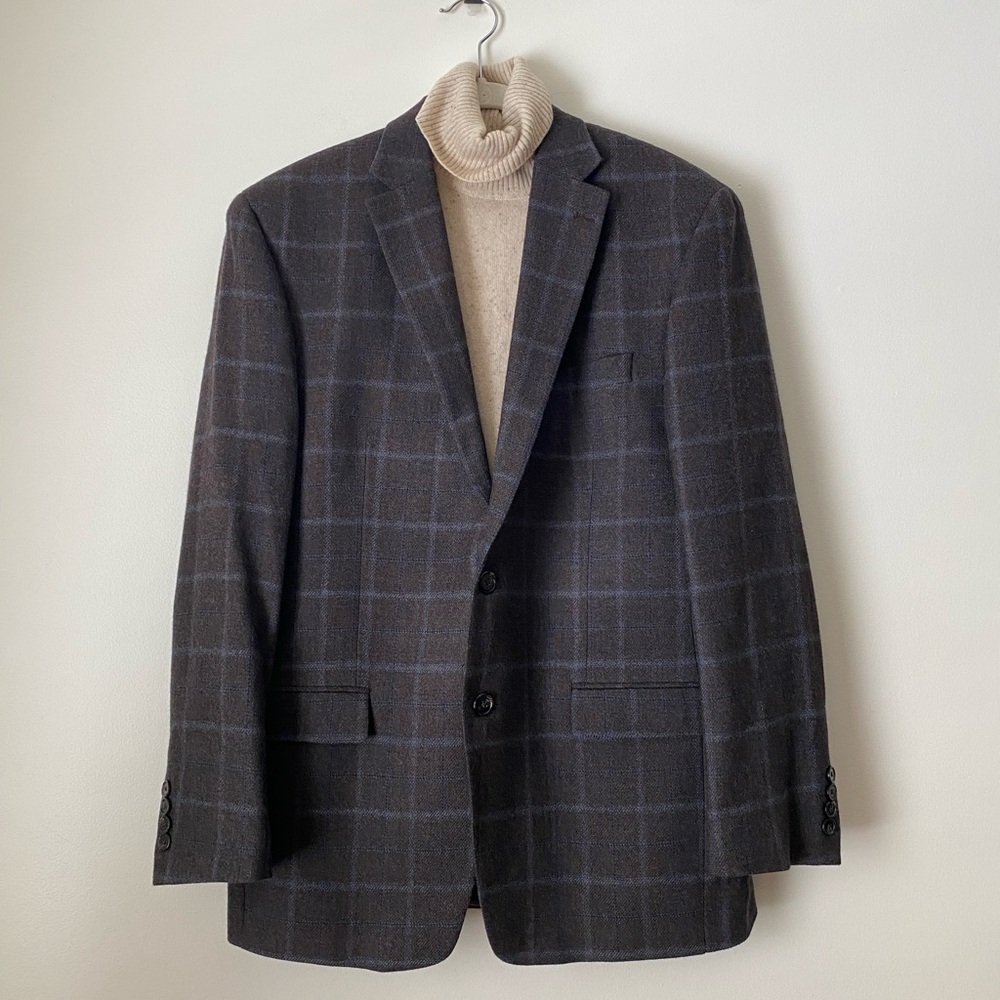Lauren Ralph Lauren Plaid Wool Blazer in Charcoal and Light Blue Plaid 40R